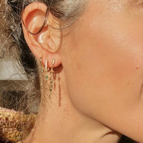 Emerald Green Drop Earrings Gold Crescent Moon Dangle Earrings Celestial Jewelry - Picture 2 of 12